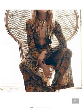 Free People Olive & Mustard Floral Deep-V Wide-Leg Jumpsuit